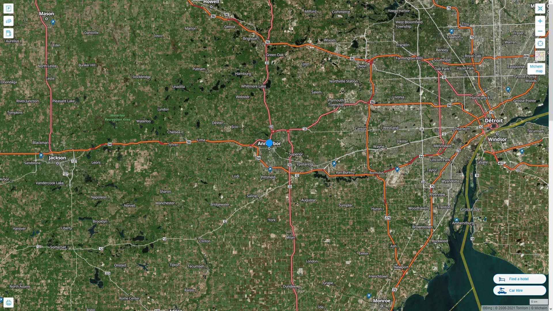 Ann Arbor Michigan Highway and Road Map with Satellite View